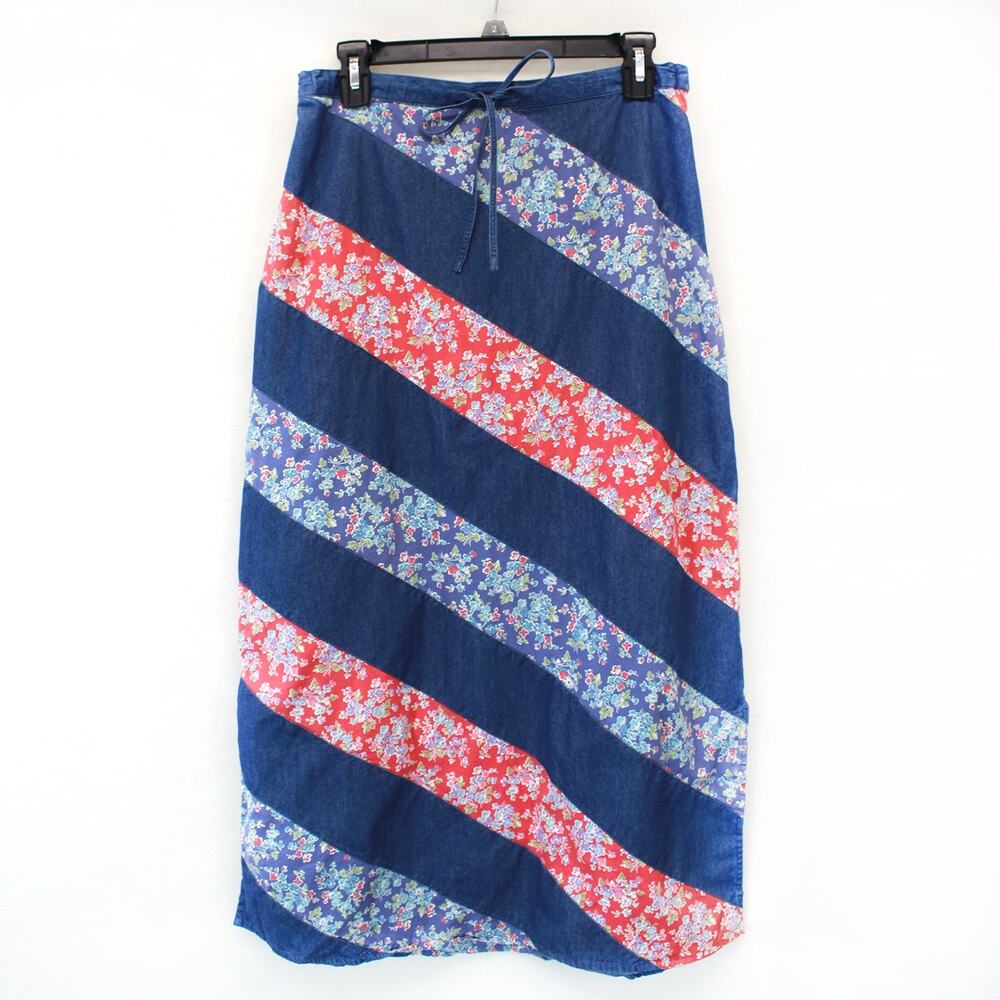 Crazy Horse Floral Striped Cotton Skirt Casual Tie Waist Patchwork Zip Size 6
